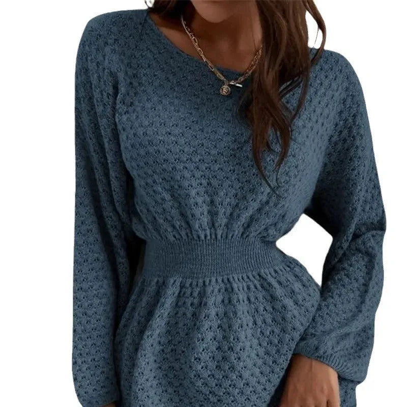 Blue women's knitted dress with hand-crocheted floral details and fitted waist design