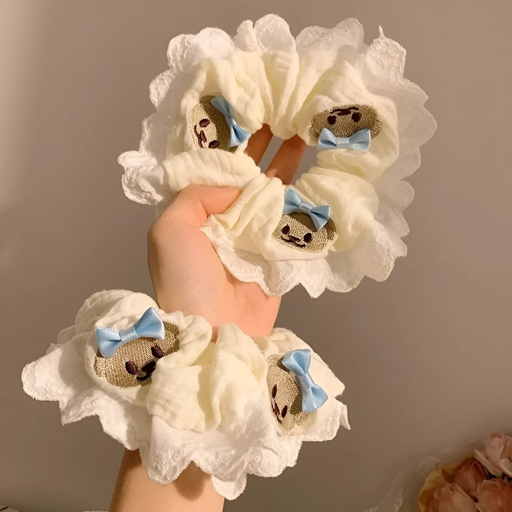 Bear blue bow lace large intestine hair ring made from elastic polyester cloth fabric