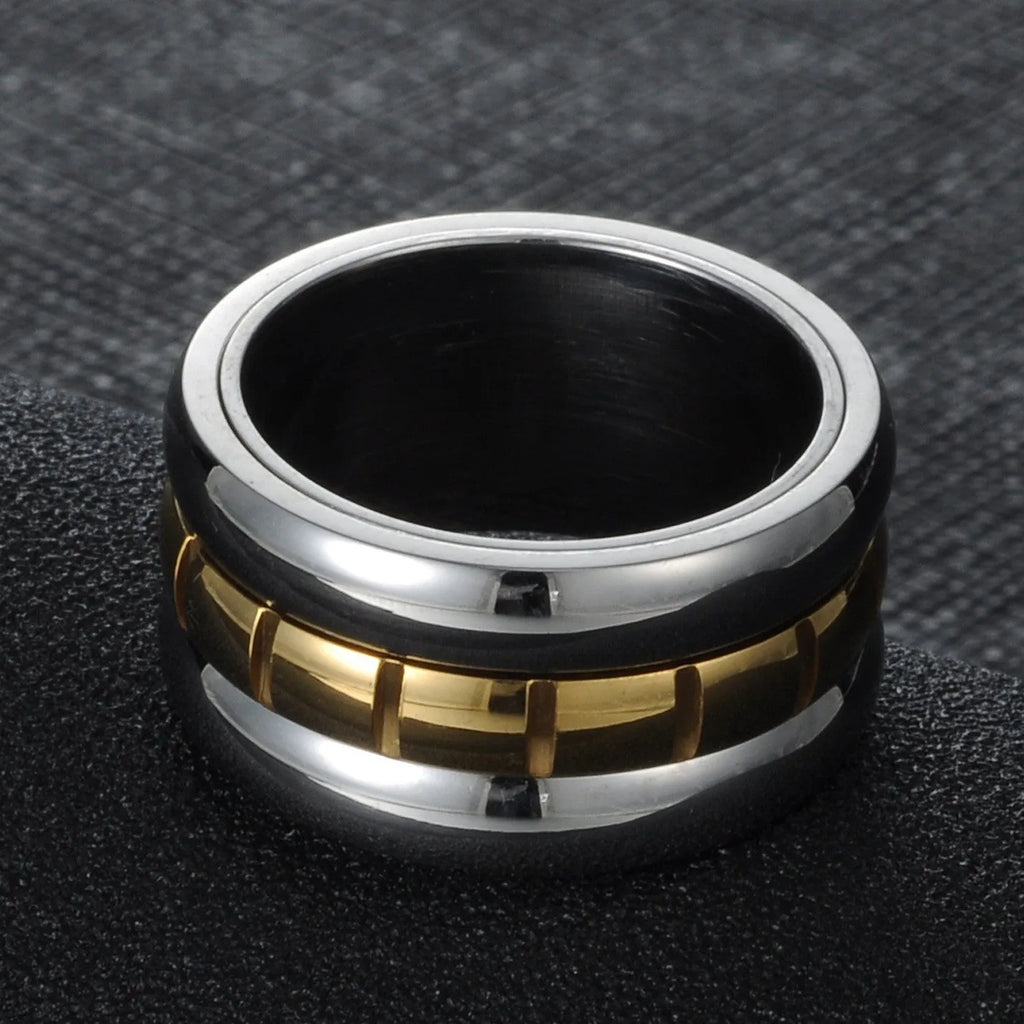 Ultra-wide titanium steel knuckle ring with rotatable tail, gold electroplated finish, natural style, size No.10