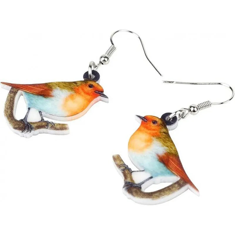Acrylic blue titmouse pendant earrings with geometric animal zodiac designs and snake pattern details