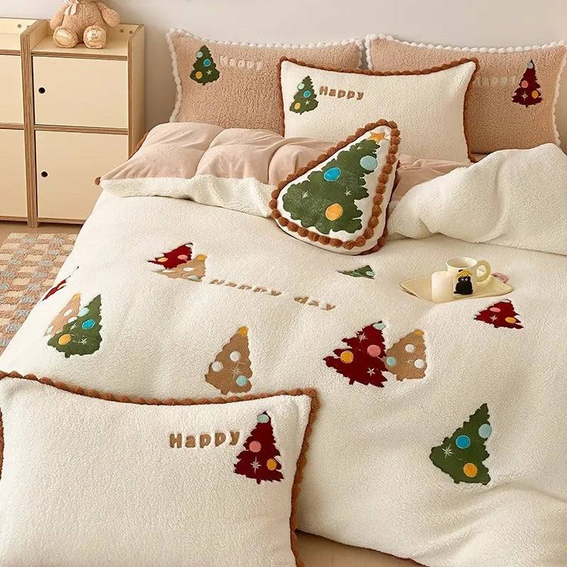 Bright yellow Christmas bedding four-piece set with cartoon animation pattern and fleece-lined winter construction