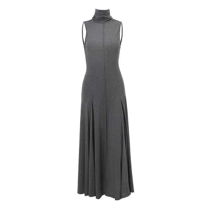 Grey slim-fit cotton dress with a half turtleneck neckline and a backless design.
