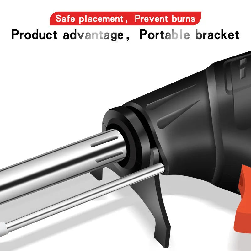 Black soldering gun set with LED light, alloy construction, five pieces including soldering iron and accessories