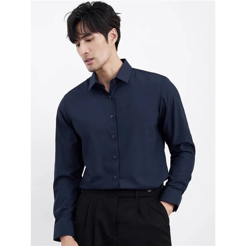 Men's wine red slim fit cardigan shirt with long sleeves and non-ironing fabric