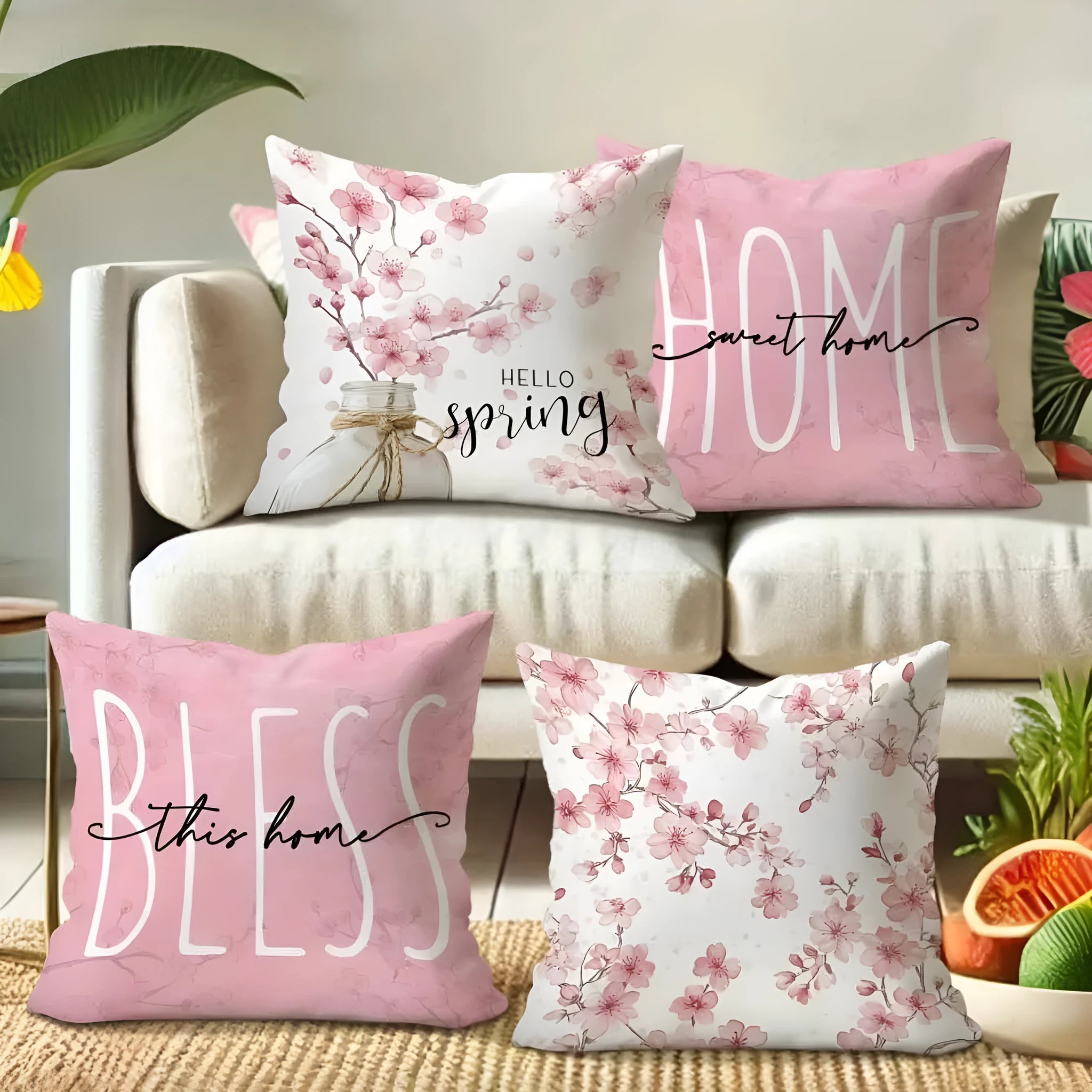45cm square short velvet cushion cover with printed cherry blossom and letter design