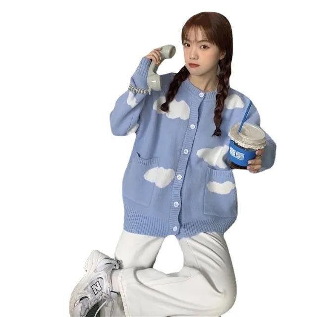 Blue women's cardigan with cloud pattern, loose fit, long sleeves