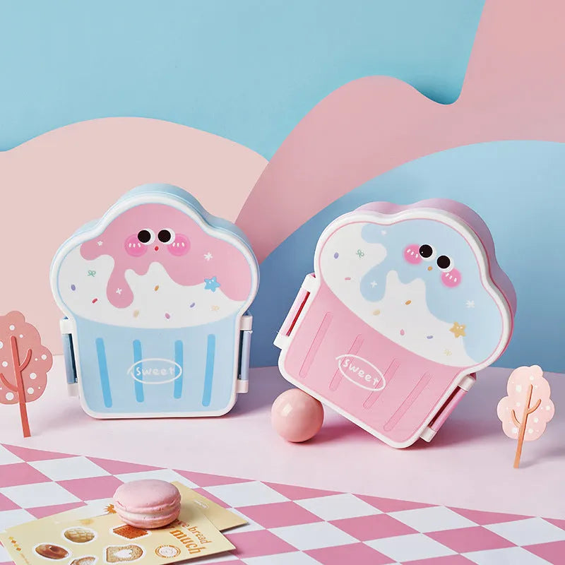 Blue and pink ice cream shaped plastic lunch box with spoon and fork set