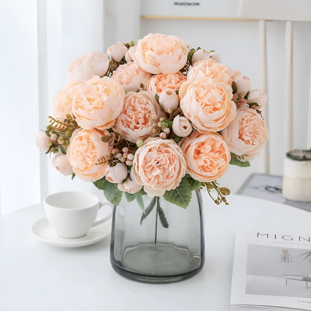 Artificial silk peony bouquet in champagne colour for home or wedding decoration.