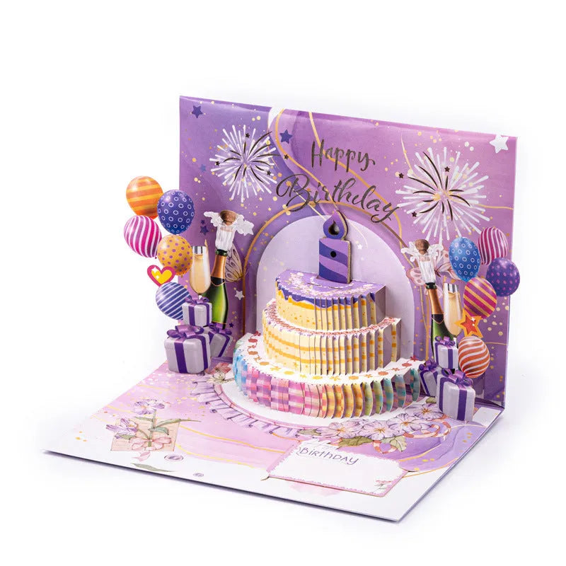 Chinese ink style 3D pop-up cake greeting card with music mechanism showing open and closed views