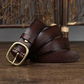 Handmade vintage copper buckle genuine leather belt in brown, 2.8cm wide, with pin buckle fastening on a neutral background