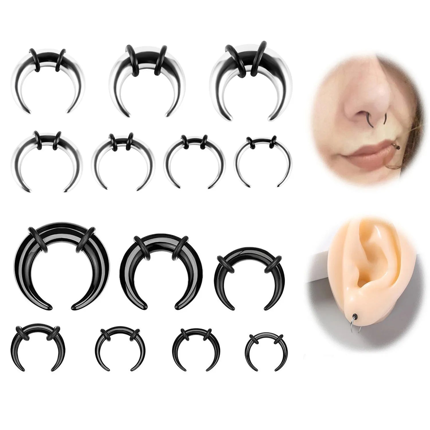 316 stainless steel nose ring with C-shaped buffalo horn geometric design