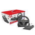Black multi-platform steering wheel game controller with two pedals and vibration feedback for racing simulations