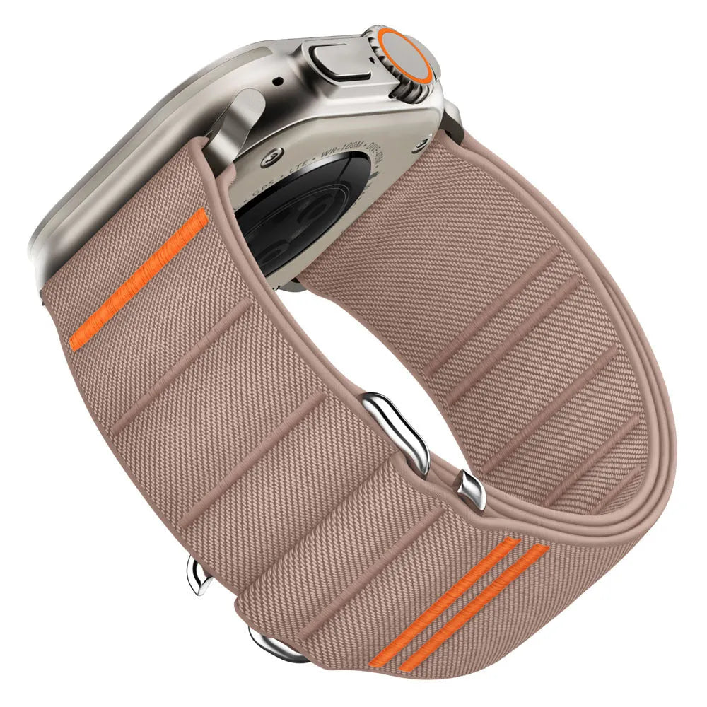 Elastic nylon sport loop strap with stainless steel buckle for Apple Watch, shown in multiple colour options.