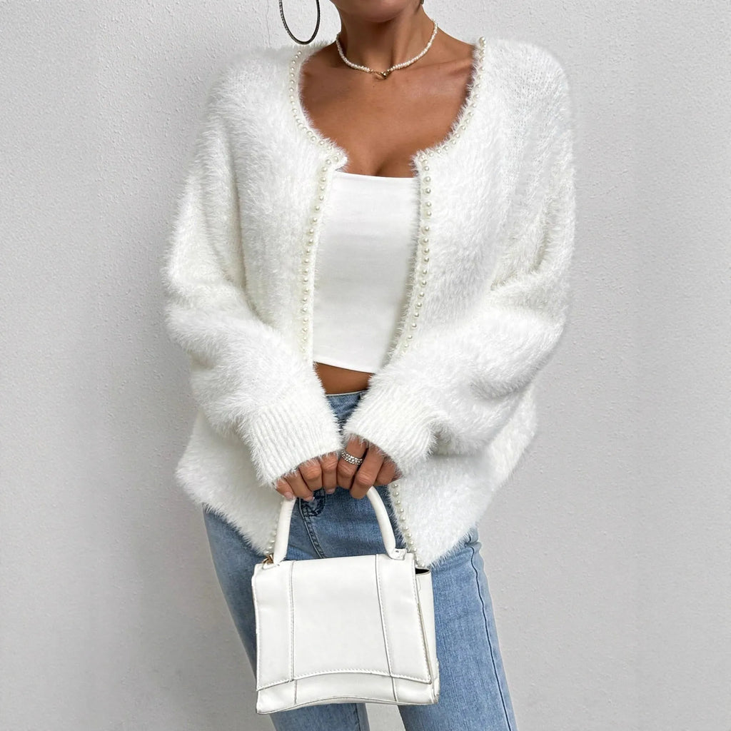 White women's V-neck cardigan with beaded knit detail and regular length