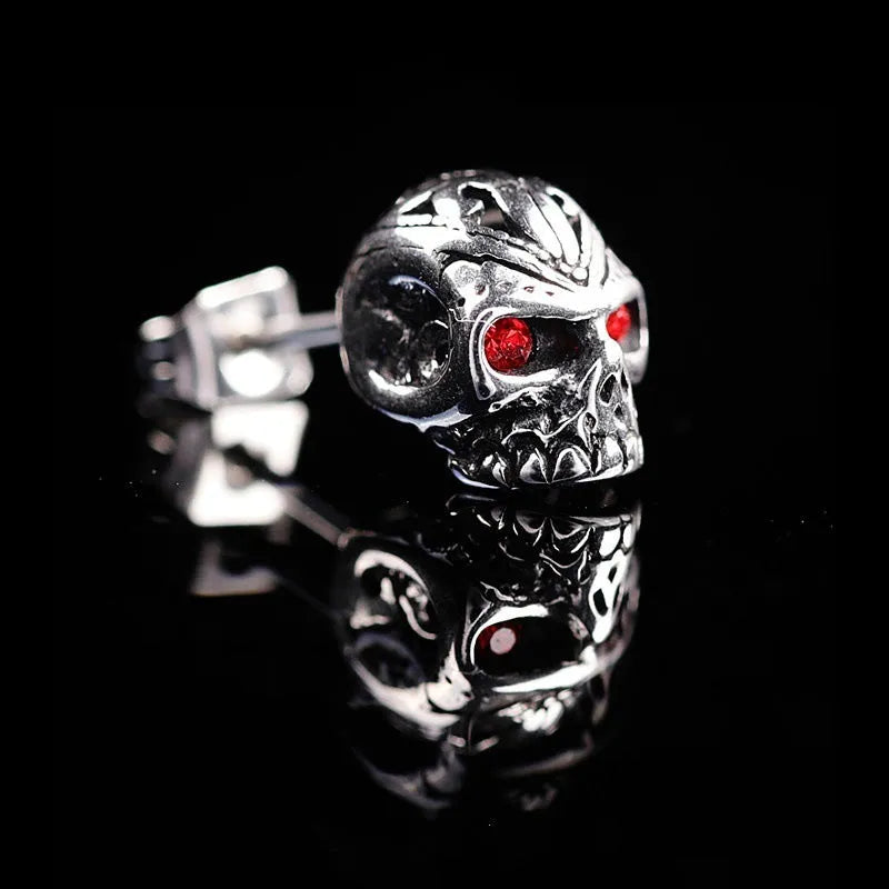Retro red eye ghost head skull stud earrings with alloy and artificial gemstone construction