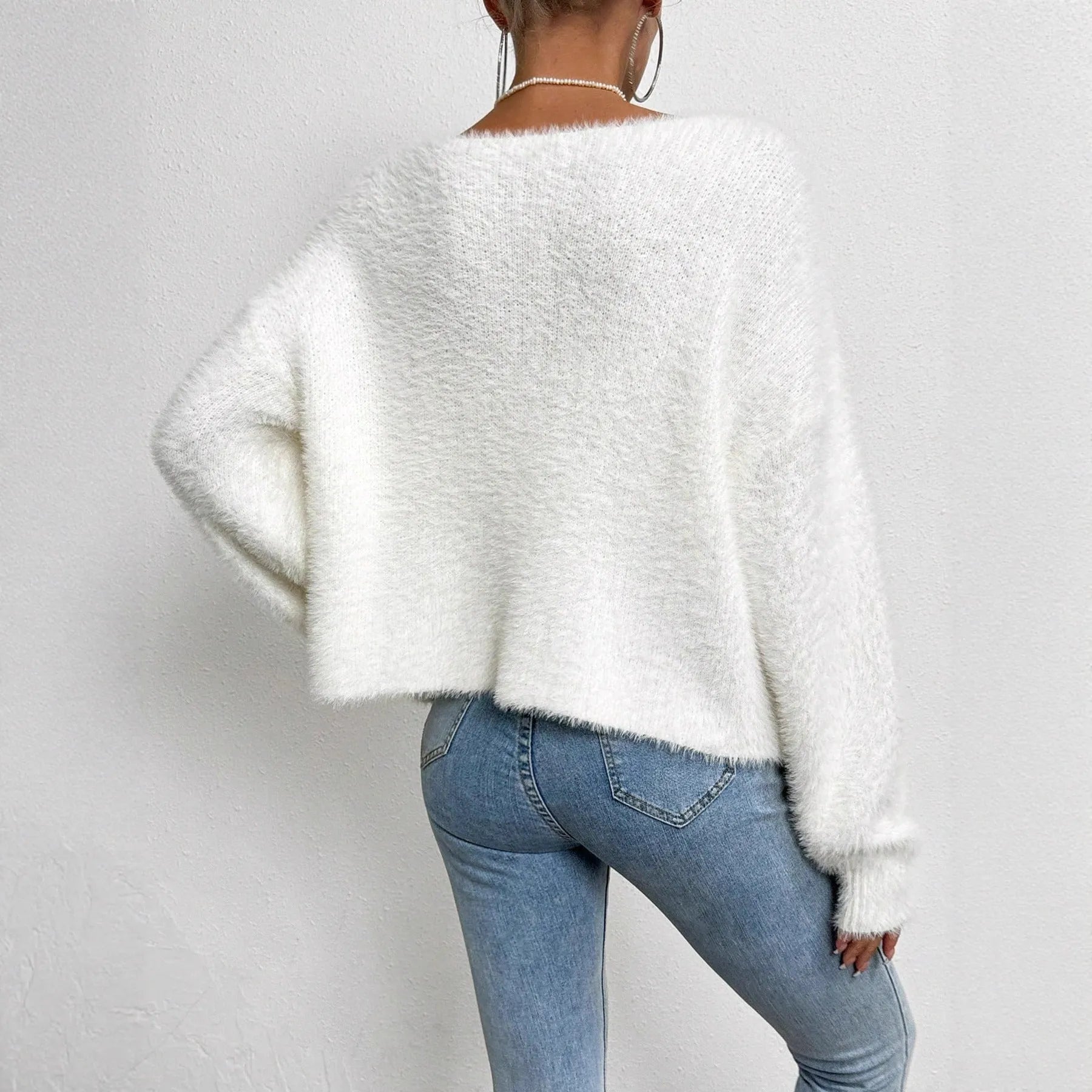 White women's V-neck cardigan with beaded knit detail and regular length