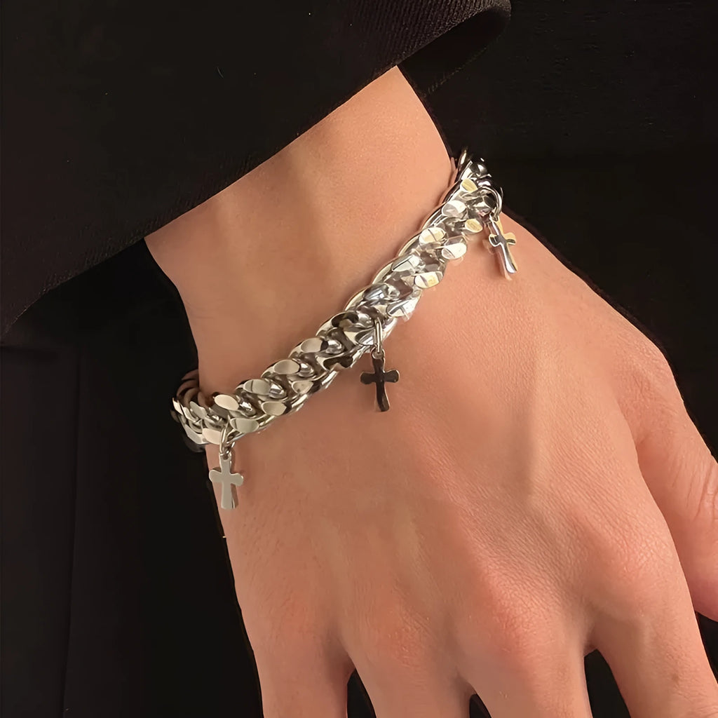 Men's titanium steel cross bracelet with geometric shape on wrist
