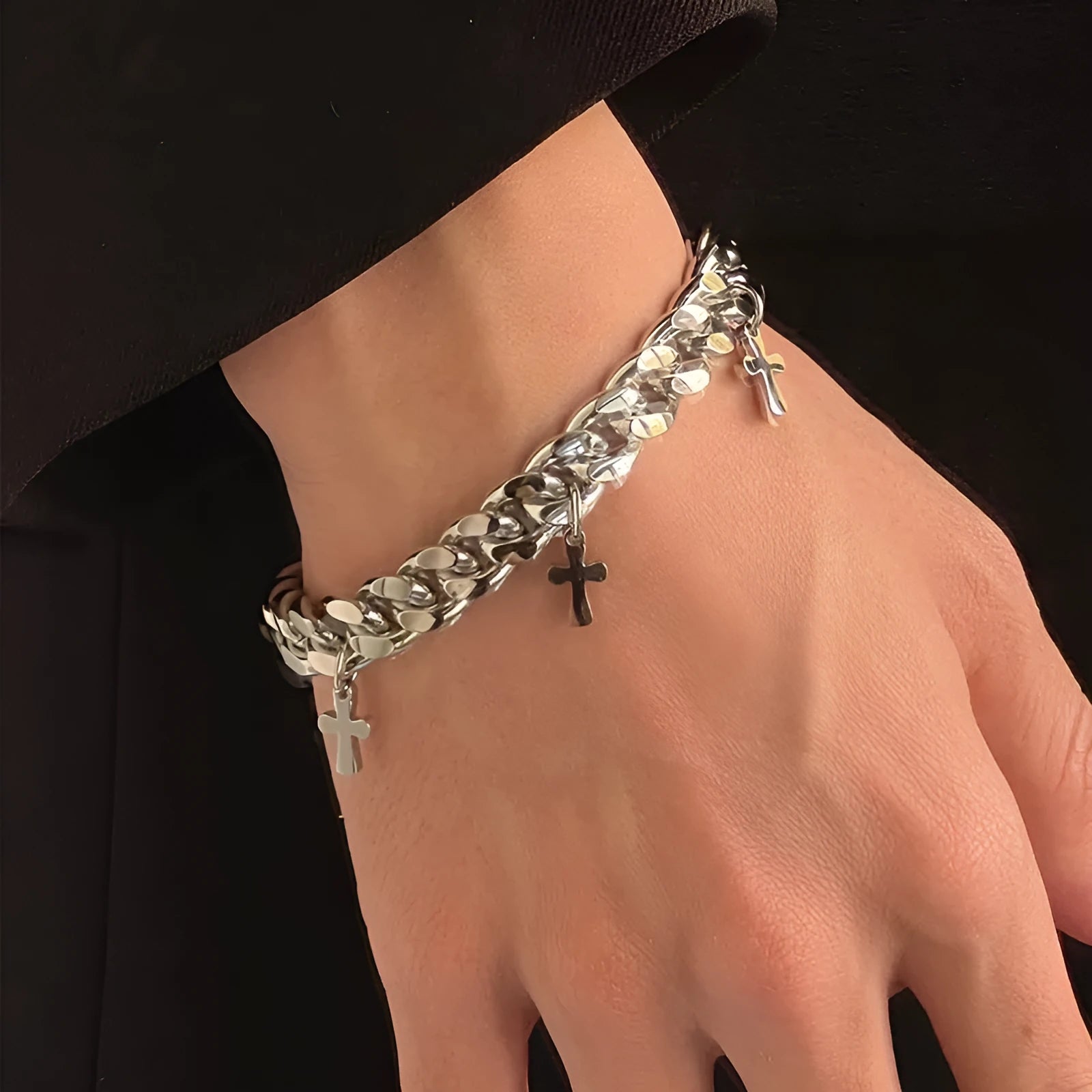 Men's titanium steel cross bracelet with geometric shape on wrist