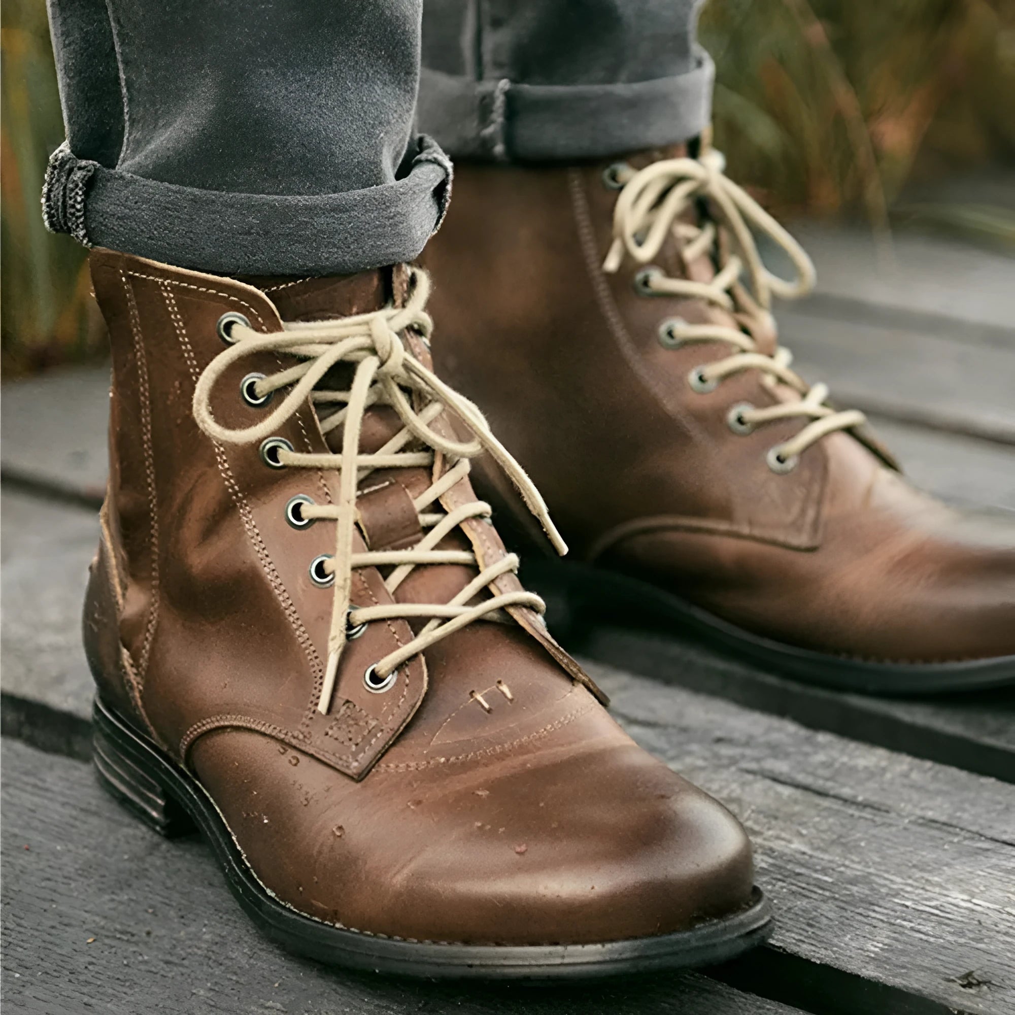Knight Series two-tone black and brown men's leather boots with side zip.