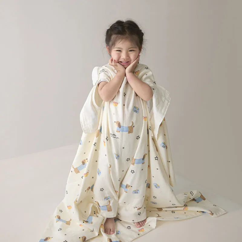 Light blue anti-kick summer blanket with antibacterial filler on a bed