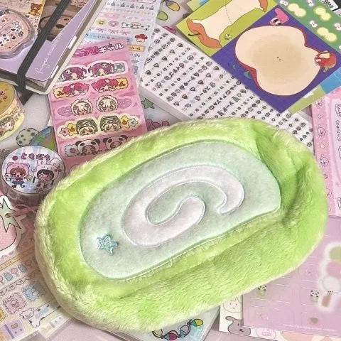 Honeydew colour velvet Swiss roll cake design pencil case with Korean style organisation