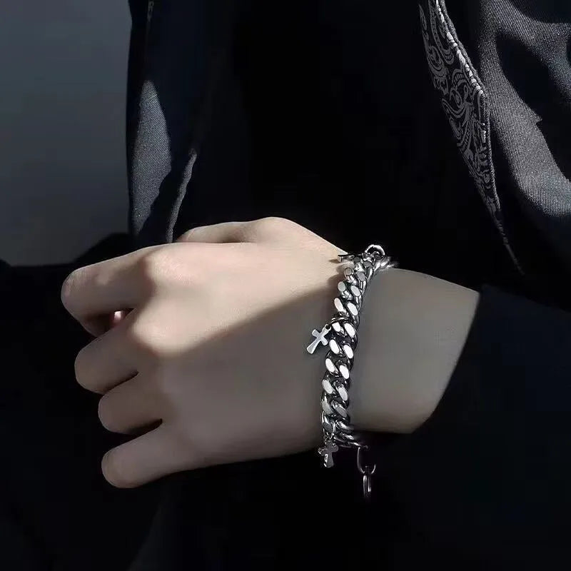 Men's titanium steel cross bracelet with geometric shape on wrist