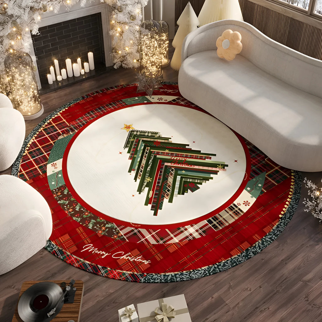 Round red Christmas-themed polyester floor mat with non-slip base on a wooden living room floor.