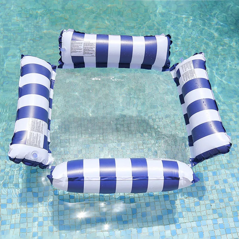 Inflatable four-tube striped hammock floating chair in light blue on water, 123x120 cm, made from environmentally friendly PVC