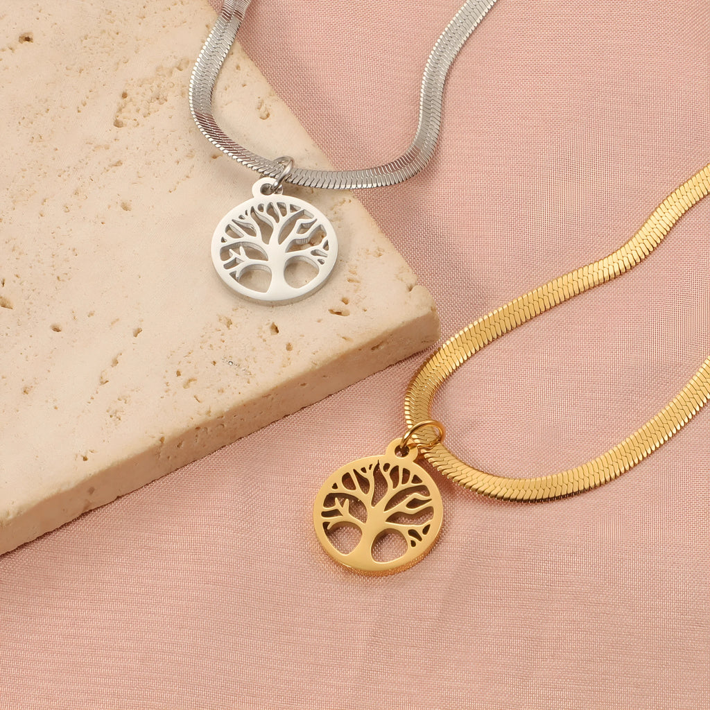 Stainless steel necklace with tree pendant on snake bones chain in gold and steel colours