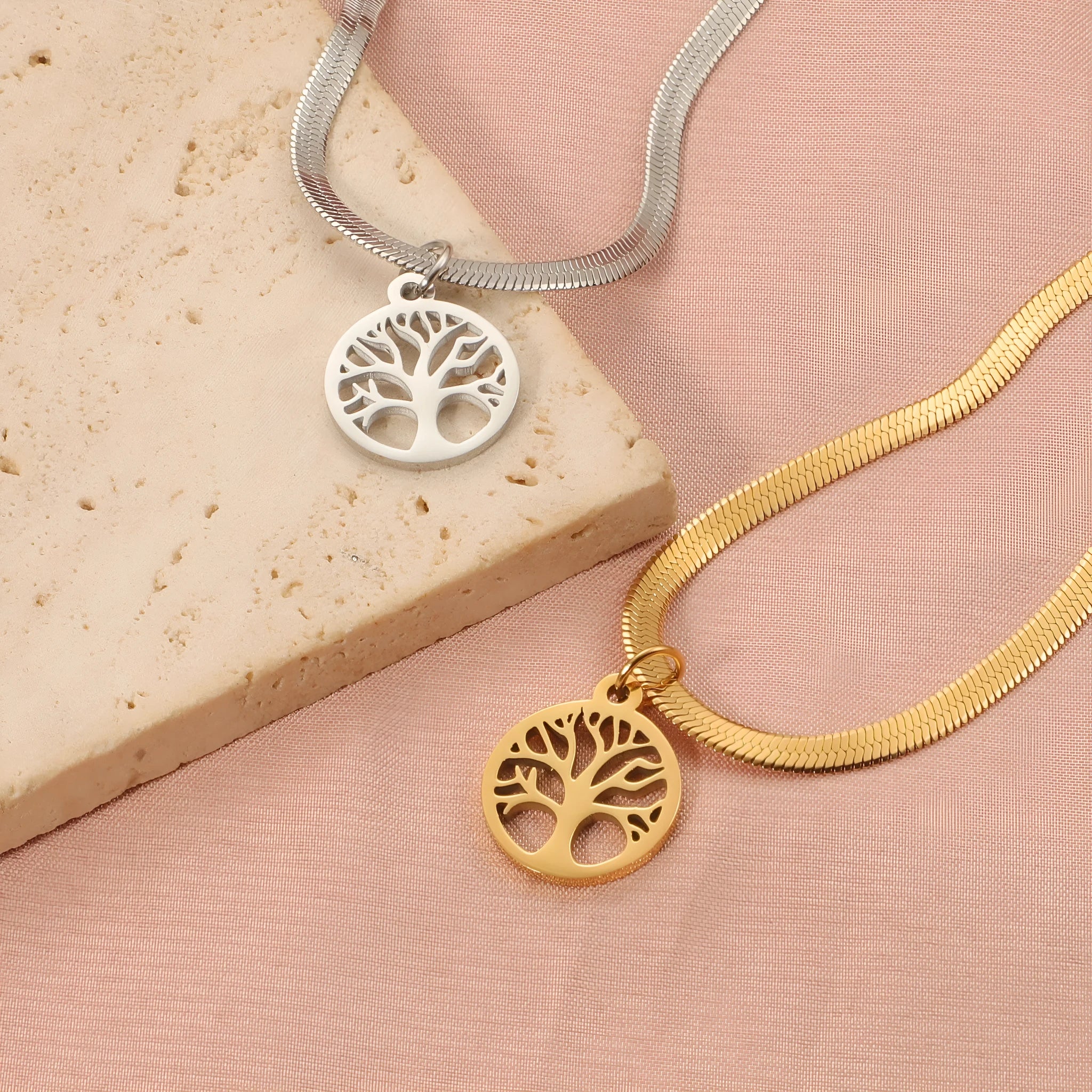 Stainless steel necklace with tree pendant on snake bones chain in gold and steel colours
