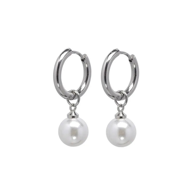 Pearl-coloured geometric round alloy earrings with dangle drop design and titanium steel posts