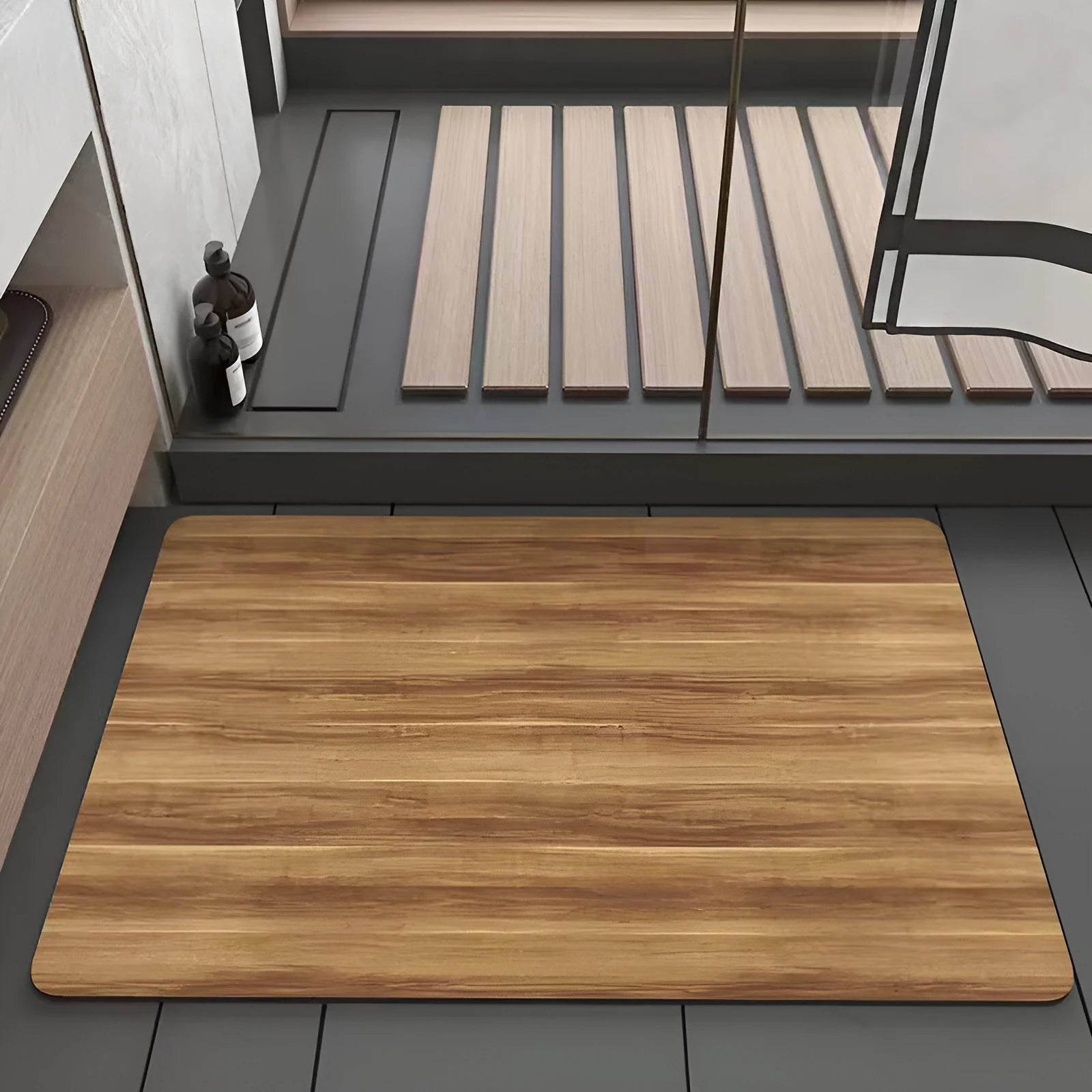 American wood grain diatomite bath mat with geometric pattern in bathroom setting