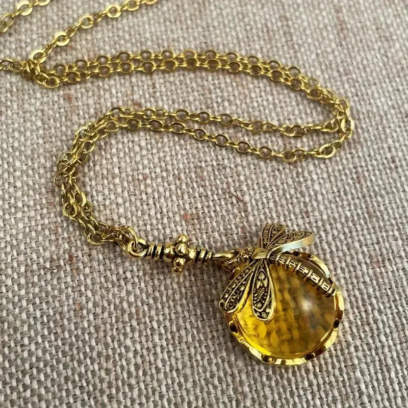 Yellow vintage bronze hand carved dragonfly pendant necklace with 925 silver components