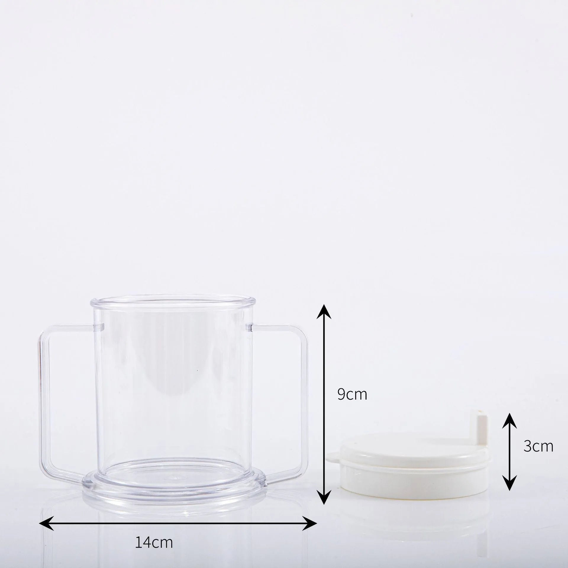 Transparent spill-proof drinking cup with modern design measuring 14cm tall