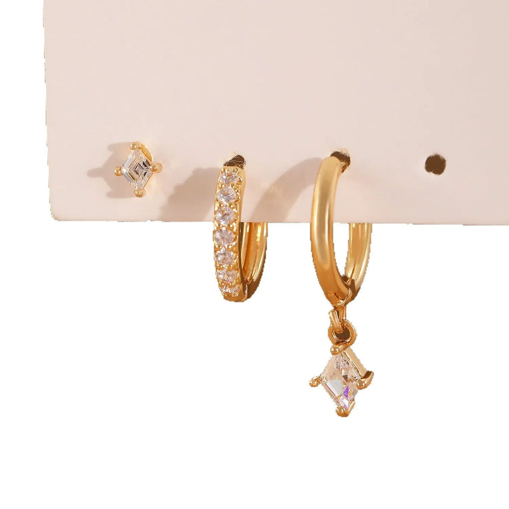 Ladies three-piece earring set with geometric designs and inlaid zircon accents