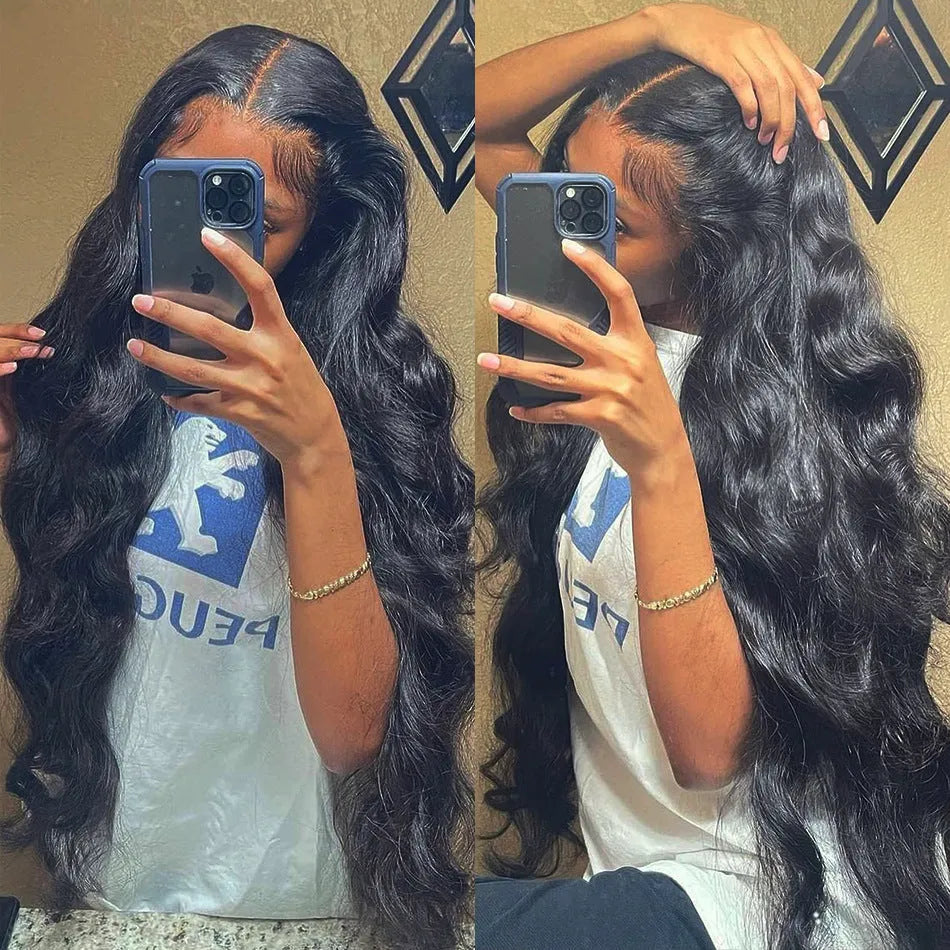 Black synthetic front lace wig with long curly hair and side bangs shown at 30 inch length