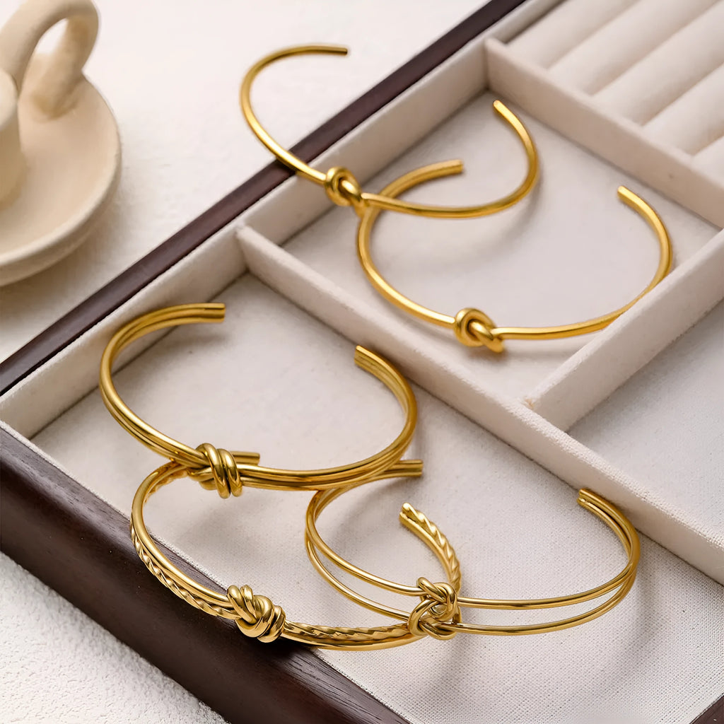 Adjustable C-shaped open double-layer bracelet with knotted design in gold or silver finish