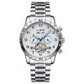 Men's silver stainless steel automatic perpetual calendar mechanical watch with sapphire crystal glass