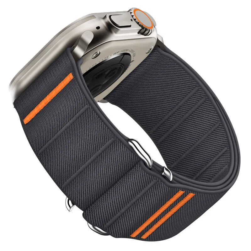 Elastic nylon sport loop strap with stainless steel buckle for Apple Watch, shown in multiple colour options.