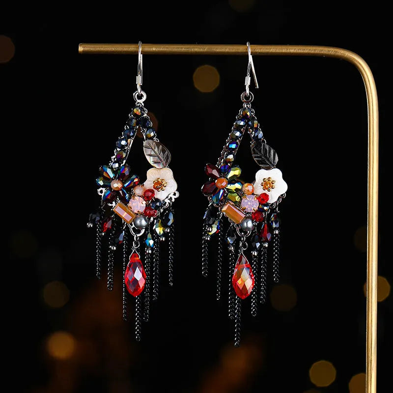 Retro bohemian ethnic style long exaggerated earrings with hand-woven artificial crystal and alloy in diamond shape