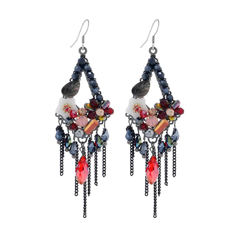 Retro bohemian ethnic style long exaggerated earrings with hand-woven artificial crystal and alloy in diamond shape