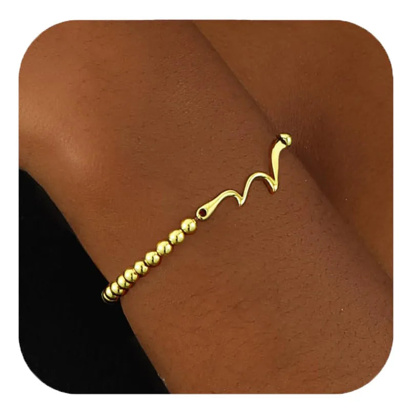 Adjustable stainless steel beaded bracelet with geometric round design in six colour options