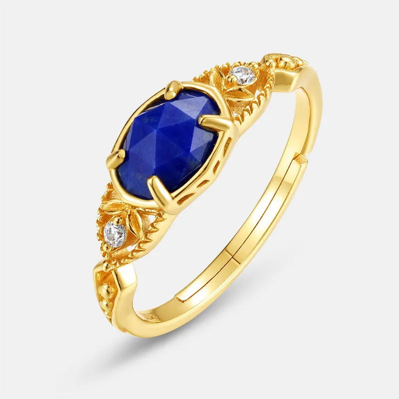 Geometric oval silver alloy ring with lapis lazuli stone centrepiece