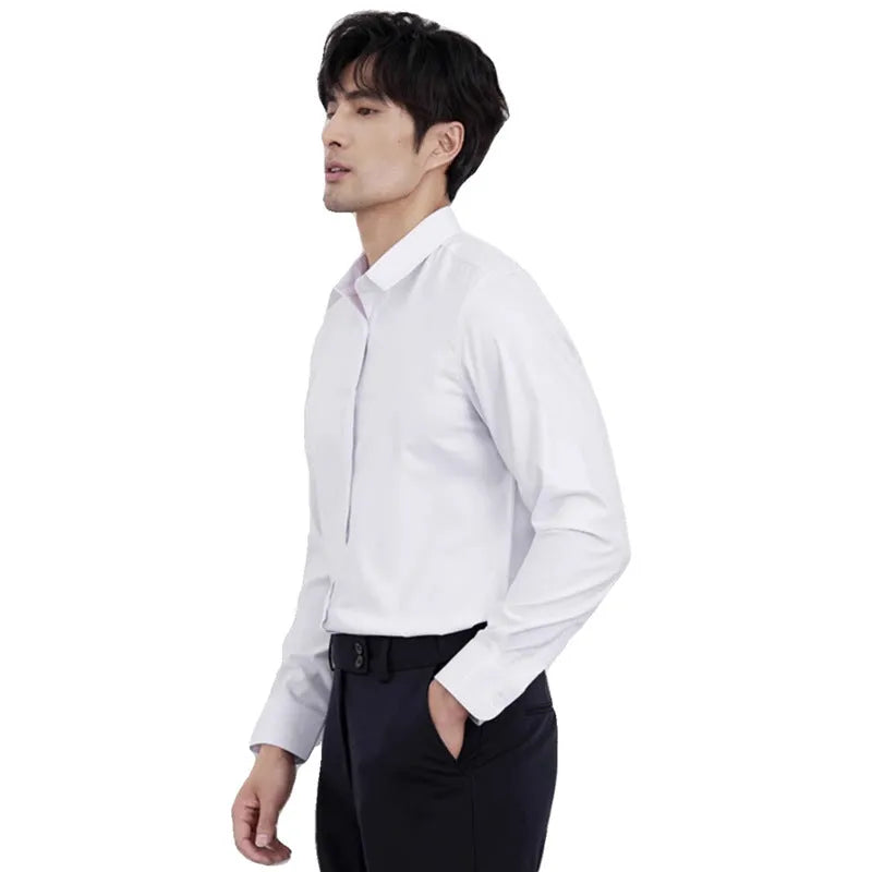 Men's wine red slim fit cardigan shirt with long sleeves and non-ironing fabric