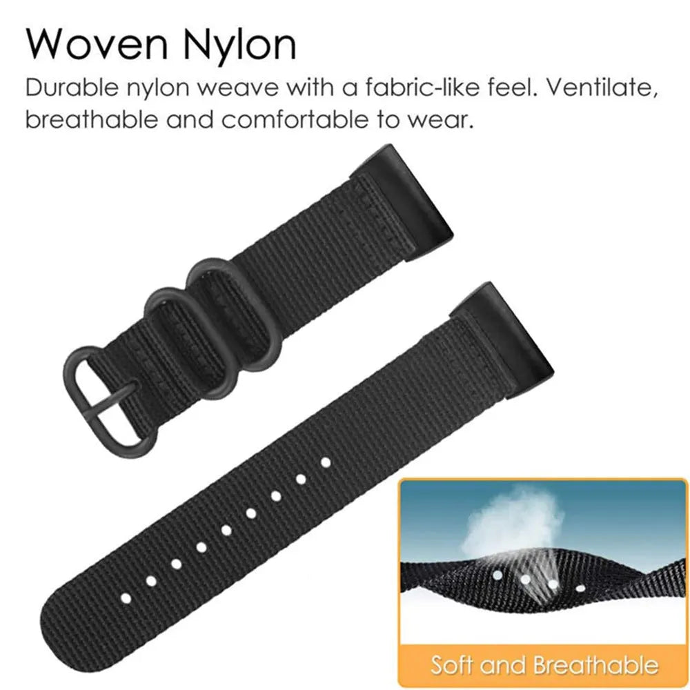 Fitbit Charge nylon replacement strap with a three-ring metal buckle shown in multiple colour options.