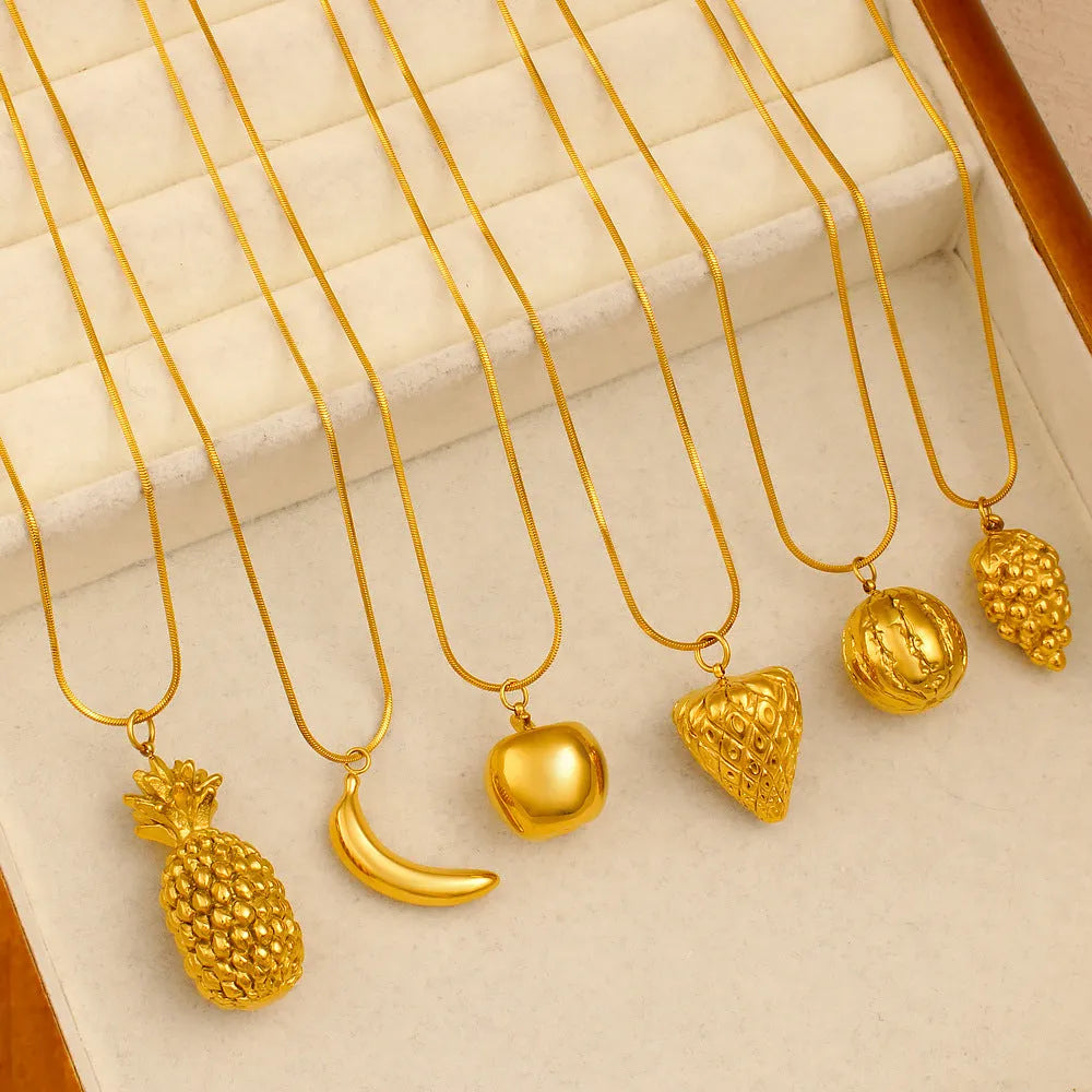 Stainless steel fruit necklace pendant choices: apple, grape, watermelon, pineapple, strawberry, banana on alloy chain.