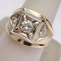 Gold-coloured wide face couple rings with geometric hollow design and chamfering square pattern