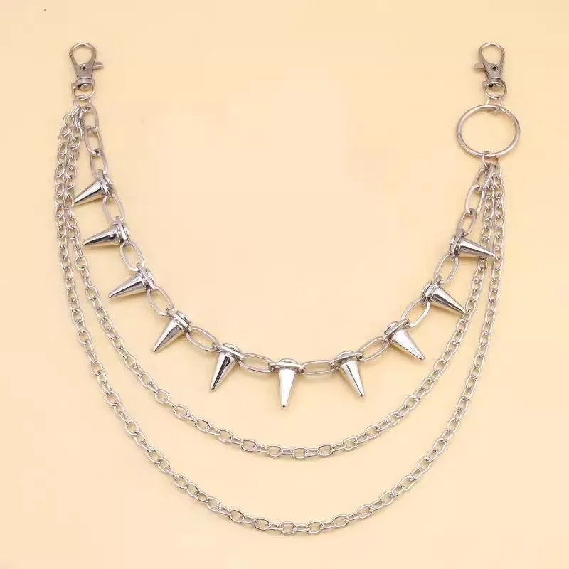Silver metal alloy pants chain with dark punk rivet detailing and double layer construction