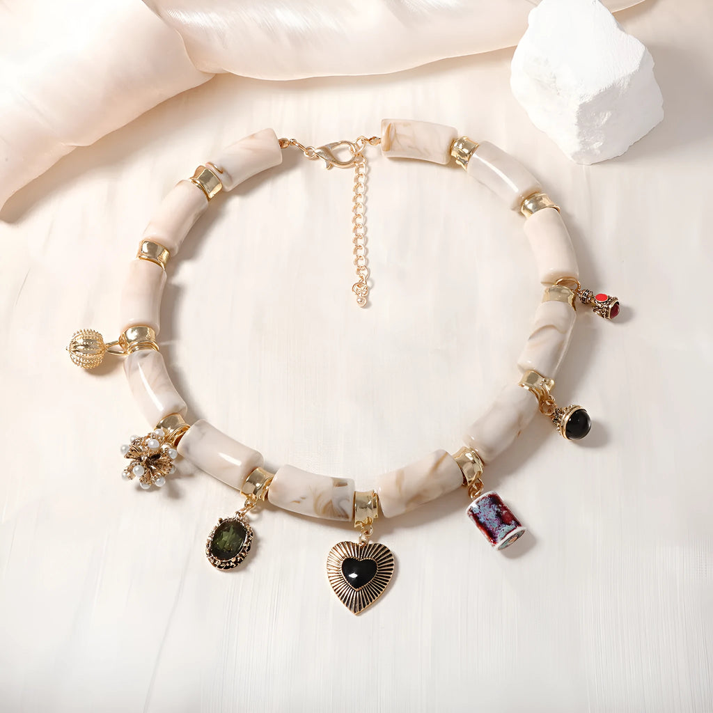 Heart-shaped resin and bamboo pendant necklace with electroplated colour finish