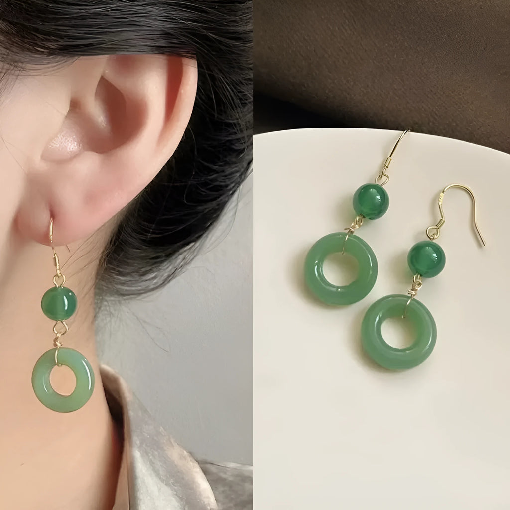 Green jade design geometric peace buckle earrings with 14K gold plating on zinc alloy